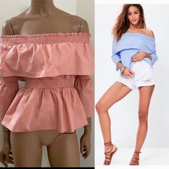 NEW Missguided Pink Shirred Ruffle Off Shoulder Bardot Blouse top 8 - Picture 1 of 10
